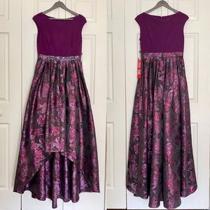 Adrianna Papell Mulberry Cap Sleeve Gown Jersey Top Metallic Printed High Low